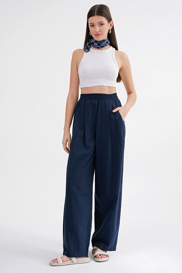 Mixray-4682 Women's Elastic Waist Jogger Linen Trousers Navy Blue 1