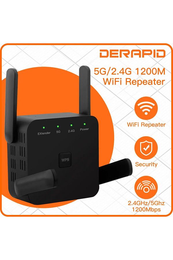 DERAPID-مكرر واي فاي بمقبس أمريكي بسرعة 1200 ميجابت في الثانية وتردد 2.4 جيجاهرتز/5 جيجاهرتز وموسع نطاق لاسلكي ومضخم إشارة ومكرر واي فاي 1