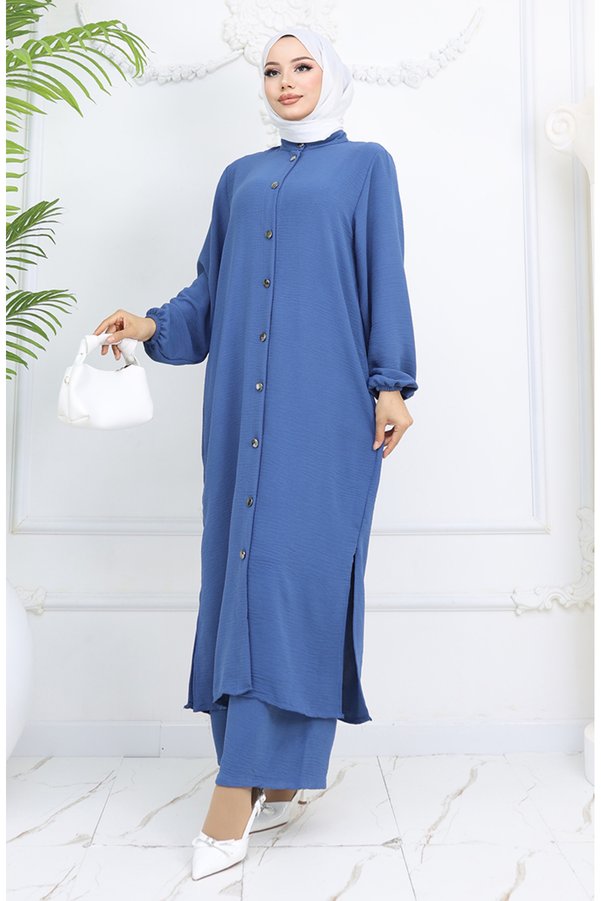 sefamerve Aerobin Indigo Fabric Buttoned Tunic Trousers Double Set 2025-01