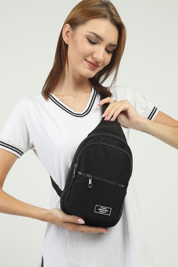 SHAKA-Black U3 3 Compartment Adjustable Cross Strap Canvas Unisex Waist and Shoulder Bag B:30 E:15 1