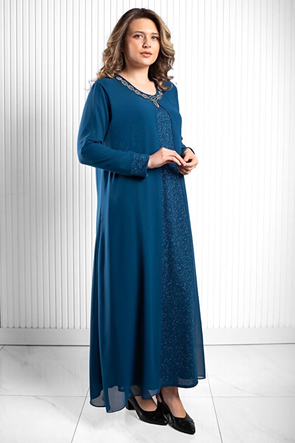 SUBU TASARIM-Stone Print Detailed Chiffon Evening Dress Petrol Tbsmda2520 1