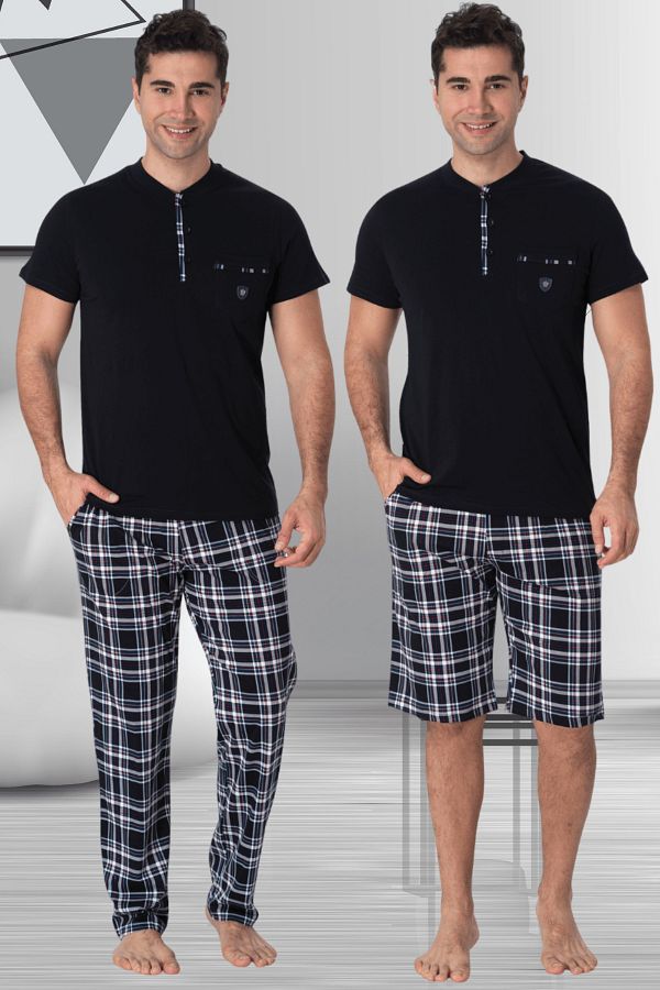 Mecit Pijama-طقم بيجامة رجالي مقاس كبير مكون من 3 قطع من القطن 100% منقوش باللون الأزرق الداكن من Mecit 2901 1
