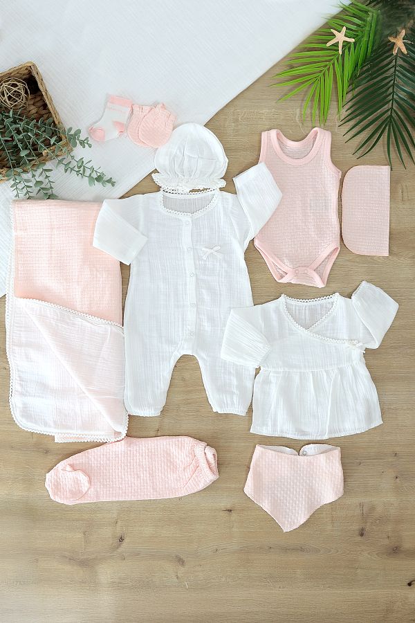 Sitilin-Pink Baby Girl Newborn Pink 10 Piece Luxury Hospital Release Bodysuit Set Stl6995 1