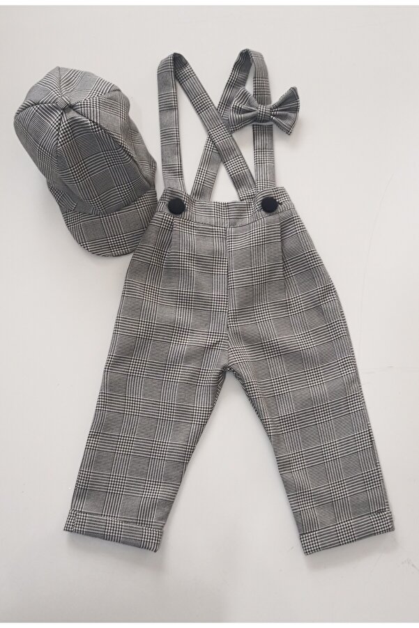moms and babies Erkek Çocuk Bebek Pantolon Salopet Şapkalı Takım Gri Renkli Ekose Desen 0-5 Yaş
