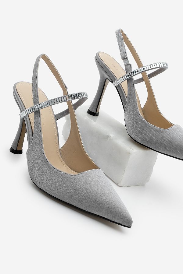 Marjin-Lovan Silver Satin damskie szpilki - szpiczasty nosek, paski i zdobione kamieniami buty na obcasie typu wefted 1