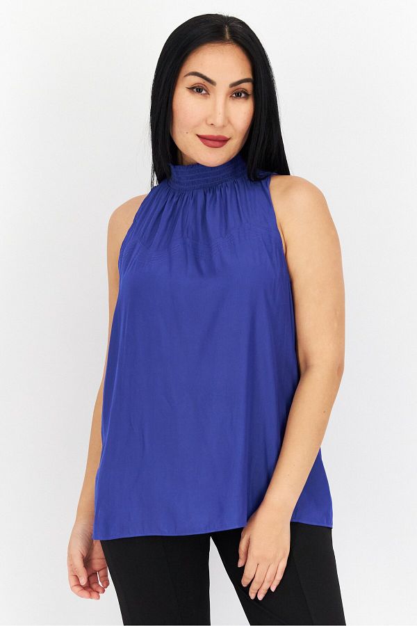 Ramy Brook-Women Mock Neck Sleeveless Plain Top, Blue 1