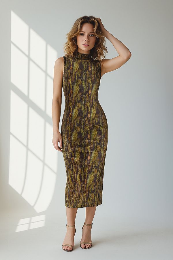 Trendyol Collection-Rochie creion midi tricotată elastică, multicoloră, cu guler în picioare, cu mâneci zero TWOSS24EL00678 1
