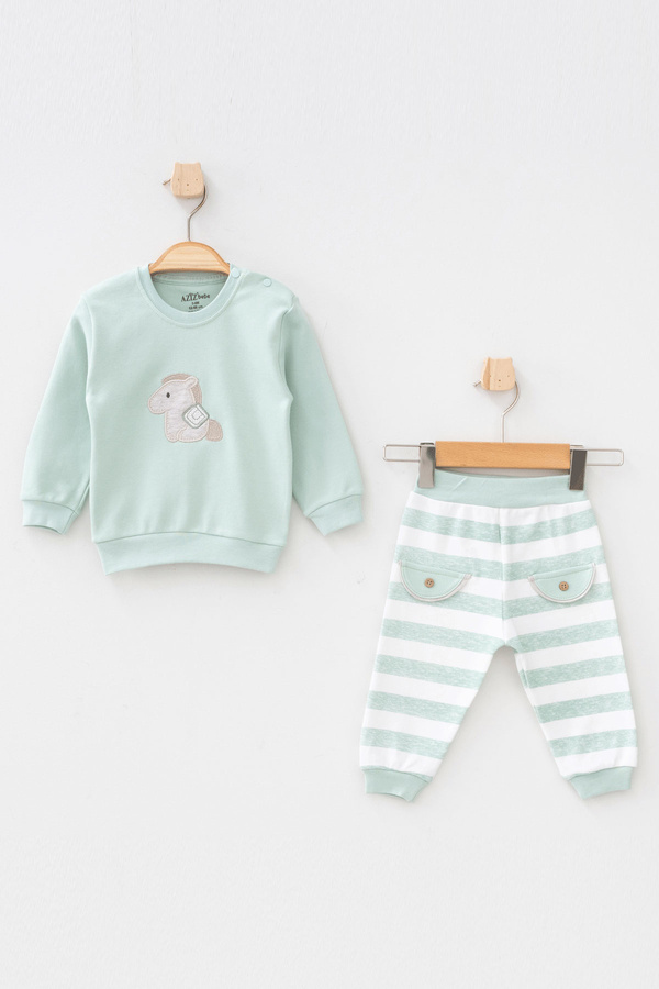 Aziz Bebe Erkek Bebek At Nakışlı Sweatshirt Pantolon 2 'li Alt Üst Bebek Takımı 3 Ay - 36 Ay