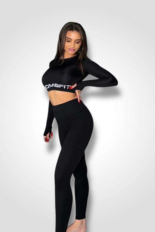 BOMBFIT-Women's shaping tights with a ribbed look and wide waistband, Black 1