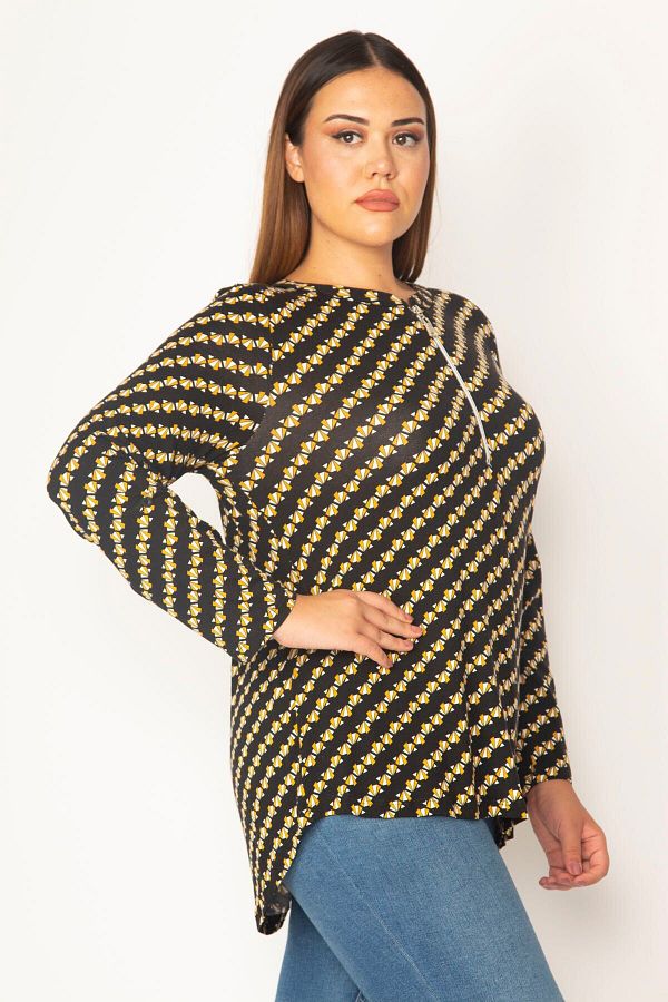 Şans-Women's Large Size Black Front Placket Zippered Viscose Blouse 65n28620 1