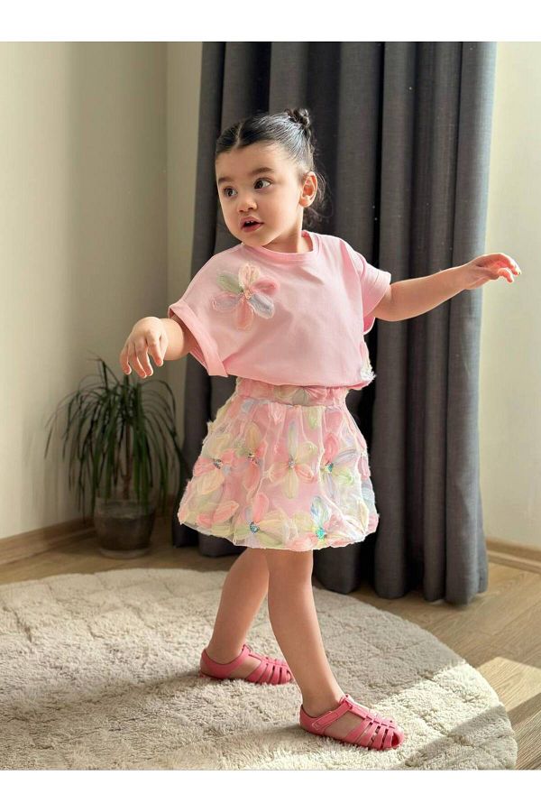 Kids-Girl's Balloon Skirt with Flowers 2 Piece Set 1