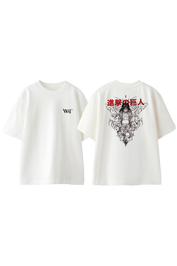 THEWERT-Μπλουζάκι Nine Giant And Eren Design Back Printed Βαμβακερό λευκό oversize μπλουζάκι 1