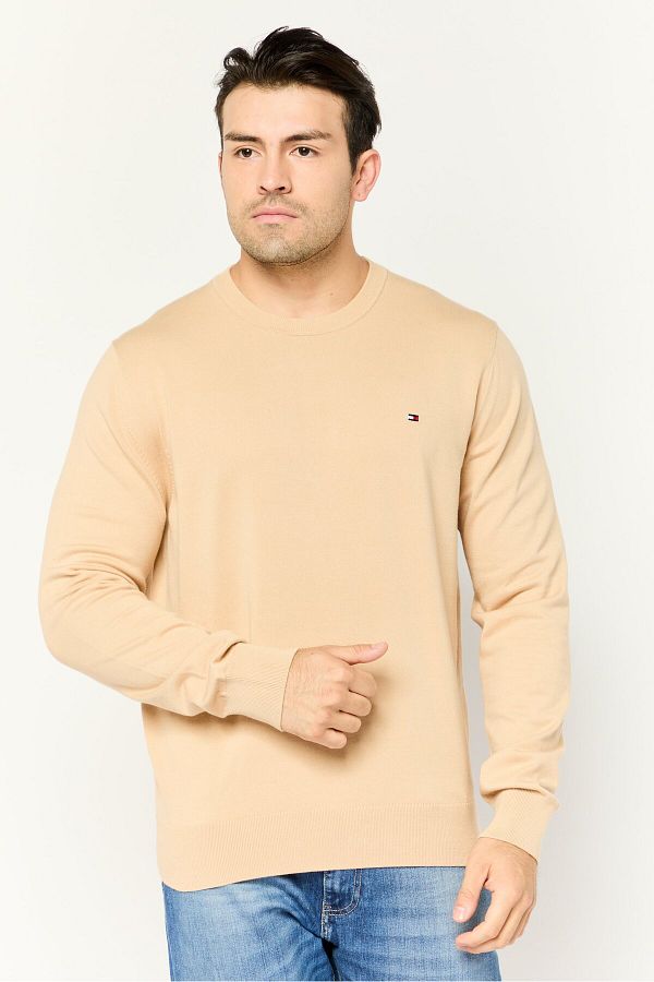 Tommy Hilfiger-Men Crew Neck Embroidered Long Sleeves Sweaters, Beige 1