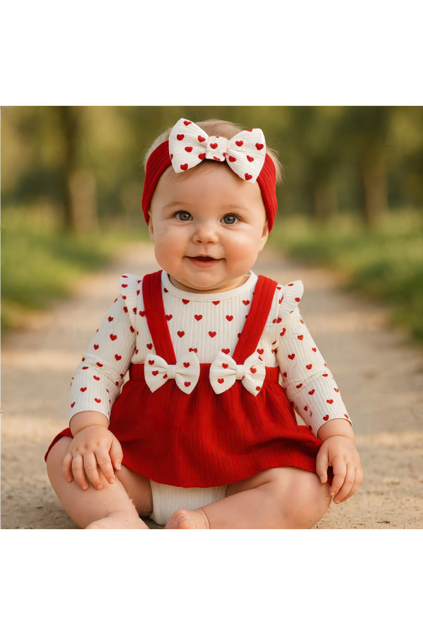 By Murat Kız Bebek Fiyonklu Bandanalı Kalpli %100 Pamuk Şık Elbise Etek Jile Doğumgünü Özel Gün Elbise Takım
