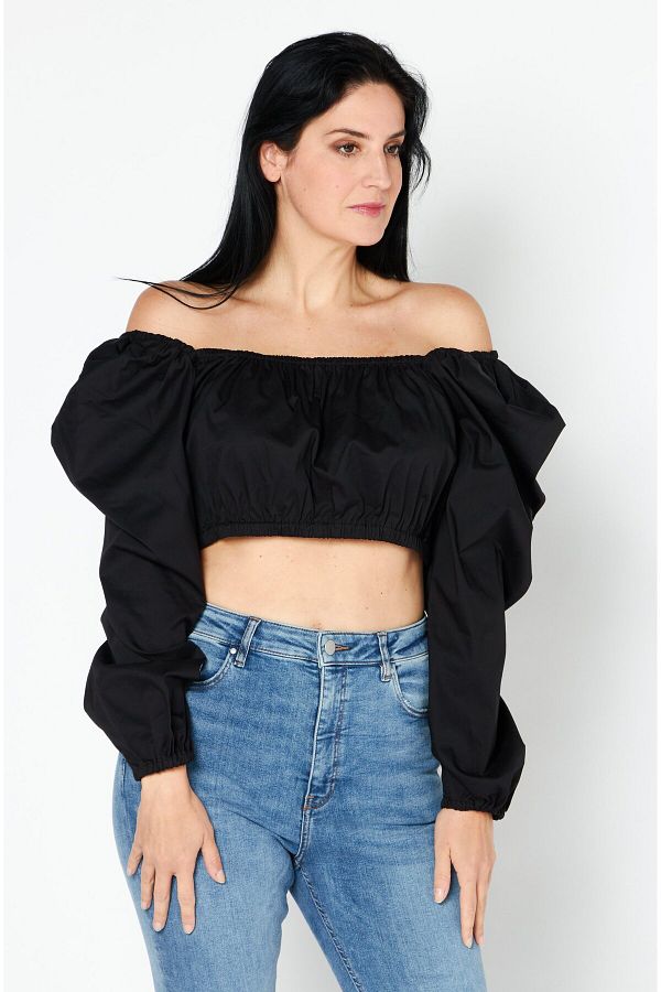 NA-KD-Women Straight Across Neck Long Sleeve Plain Crop Top, Black 1