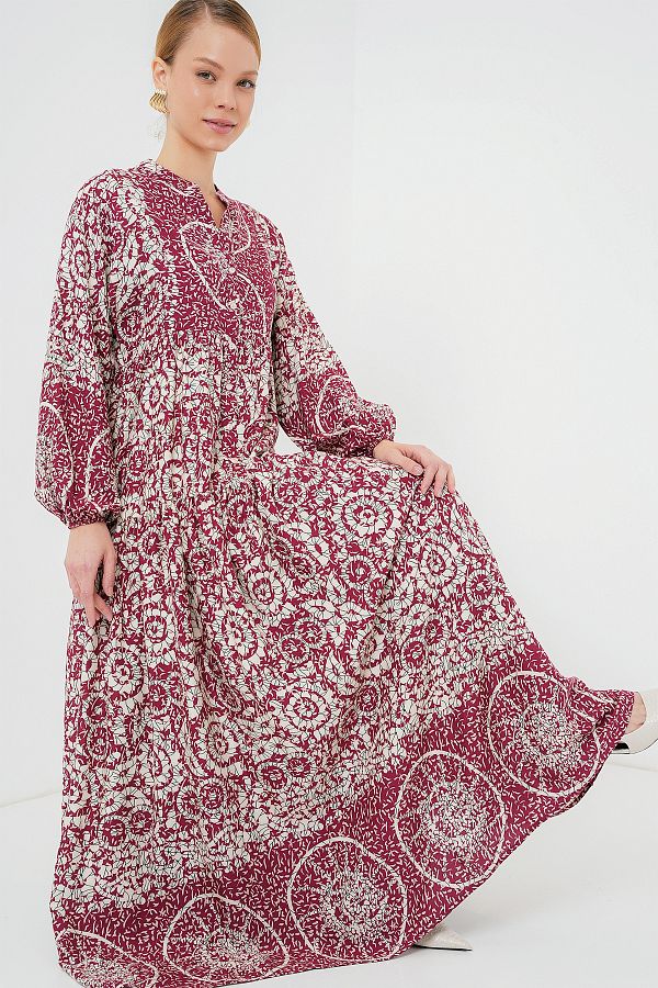 Bigdart-2423 Authentic Patterned Hijab Dress - E. Fuchsia 1