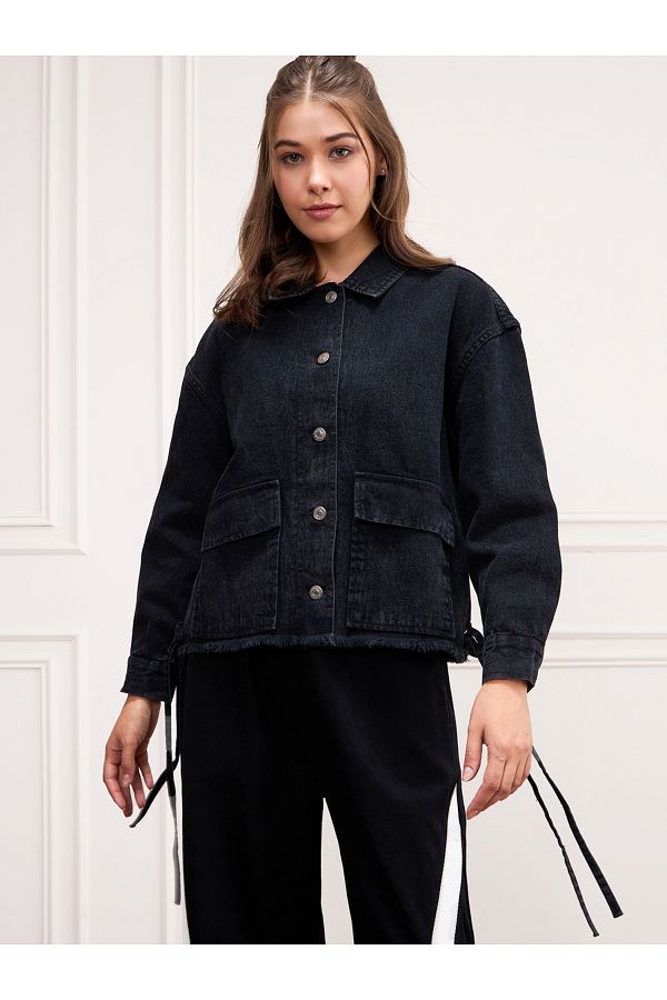 Sassafras By Styli-Washed Denim Front Pockets Jacket with Buttons 1