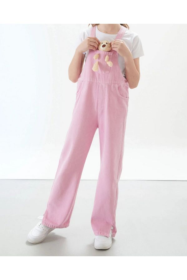 DEROSHkids-Girl's Pink Teddy Bear Salopet Jumpsuit with Slit Detail 1