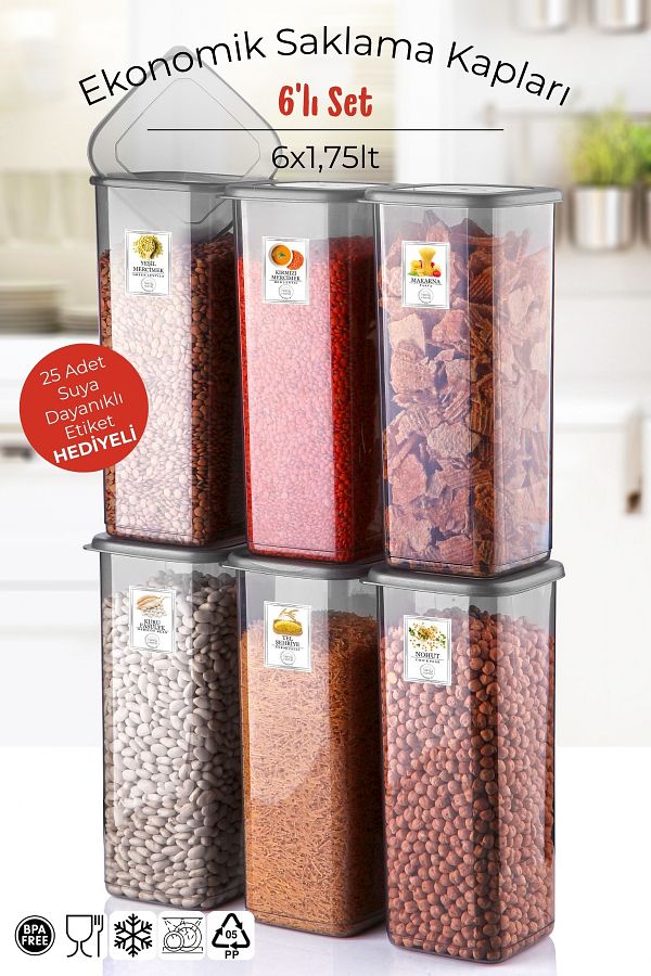 Nandy Home-Set of 6 Economical Unbreakable Storage Containers with Labels, Anthracite 1.75 Lt 1
