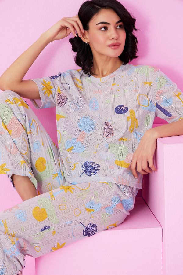Siyah İnci-Costum de pijama tricotat cu decolteu rotund Pointel cu model de culoare gri 1