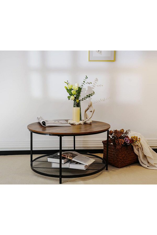 Generic-Coffee Table Round Side Table with with 2 Open Shelf Storage for Living Room 80x80x45cm 1