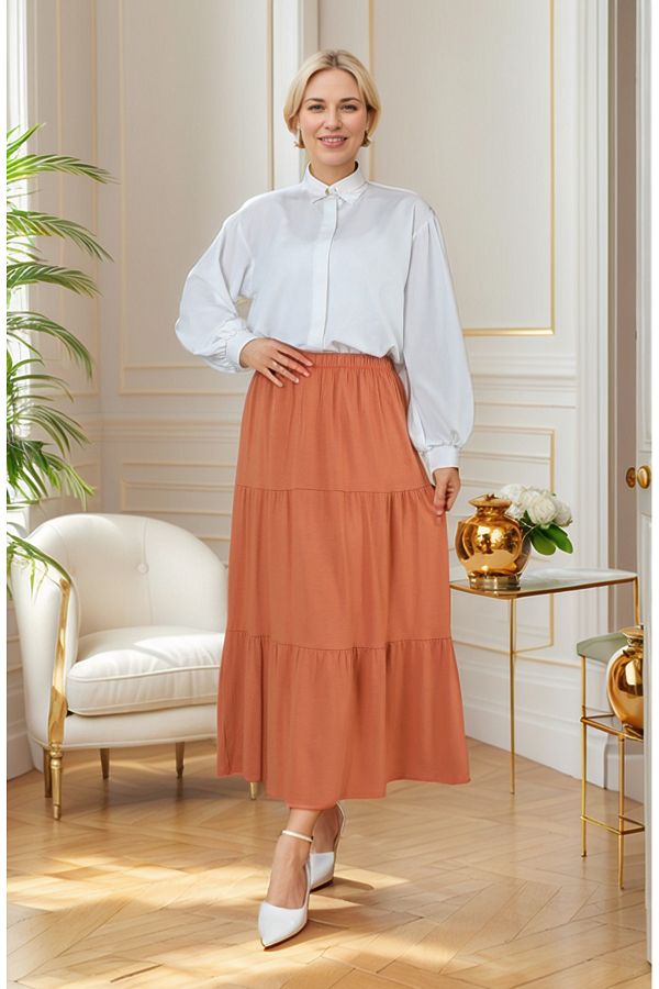 RESPİRO-Crepe Draped Long Soft Tan Color Layered Skirt 1