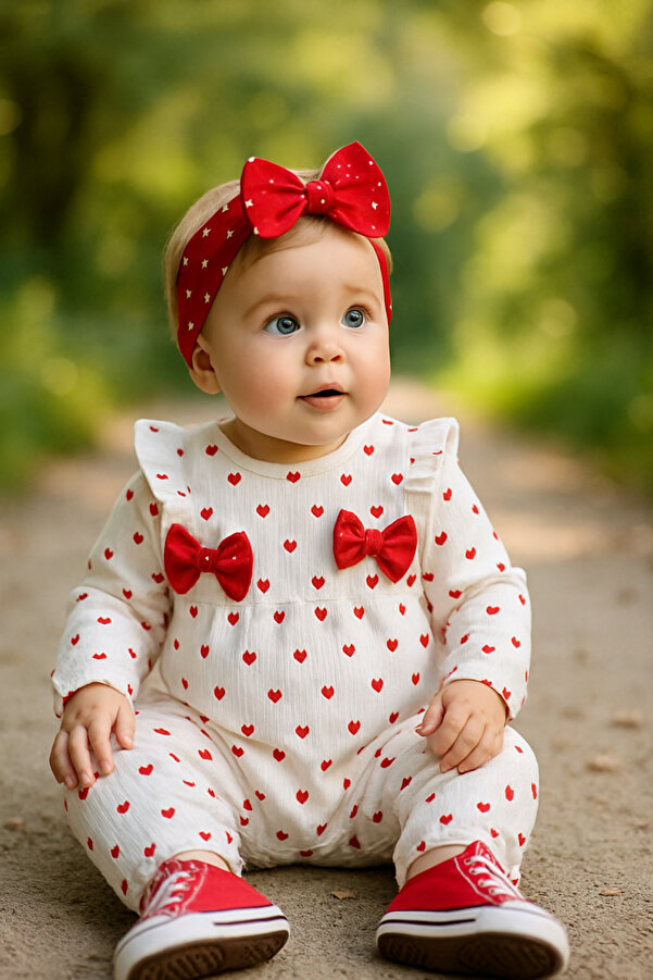 Murat Baby Kız Bebek Kırmızı Kalpli Fiyonklu Bandanalı Pamuklu Tulum