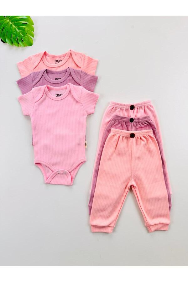EFU BABY 3'lü %100 Pamuklu Kısa Kol Kız Bebek Body Pantolon Takım