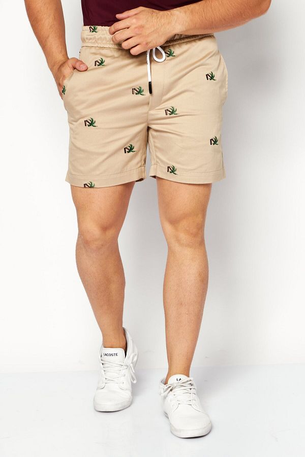 Palm Angels-Men Drawstring Embroidered Short, Beige 1