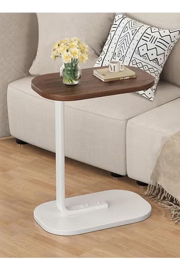 Taimi-C-Shaped Side Table Elegant Design with Metal Frame,45x30x60cm - Brown Color With White Frame 1