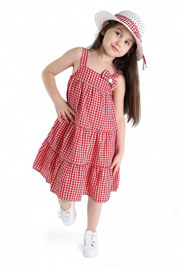 Ege Bebek Kız Çocuk Yazlık Fiyonklu Pötikare Desen Şapkalı 3-4-5-6-7-8-9-10 Yaş Elbise