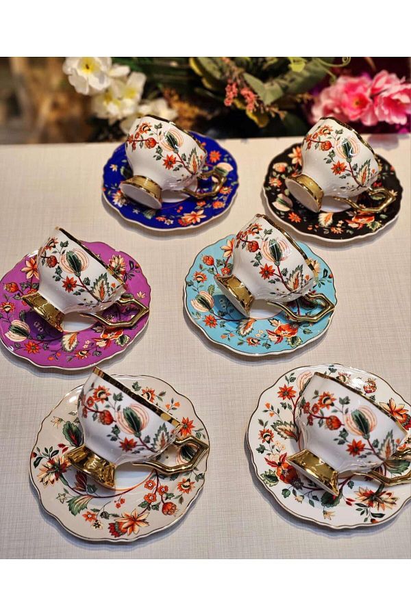 Onedekor-Set of 6 Porcelain Flora Gold Mix Coffee Cups 1