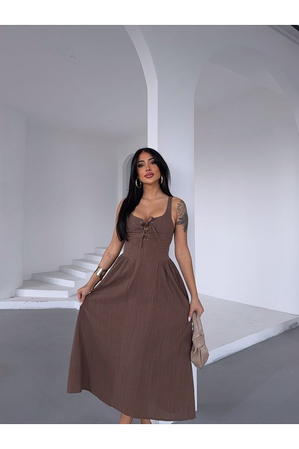R&G RIMANERE GIOVANI-Women's Lace-Up Chest Detailed Summer Midi Dress 1
