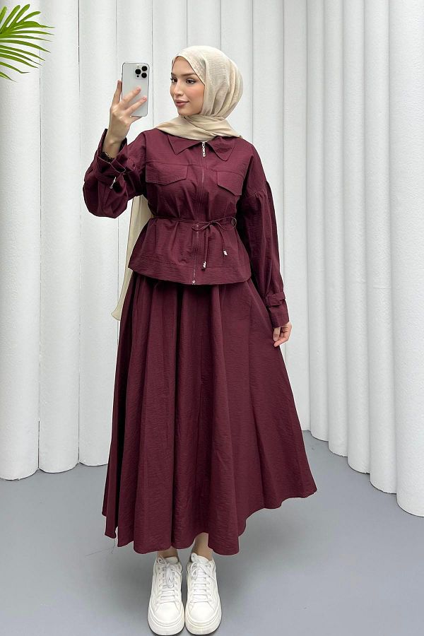 Modaensarbutik-Front Zipper Skirt Hijab Suit-Bordo 1