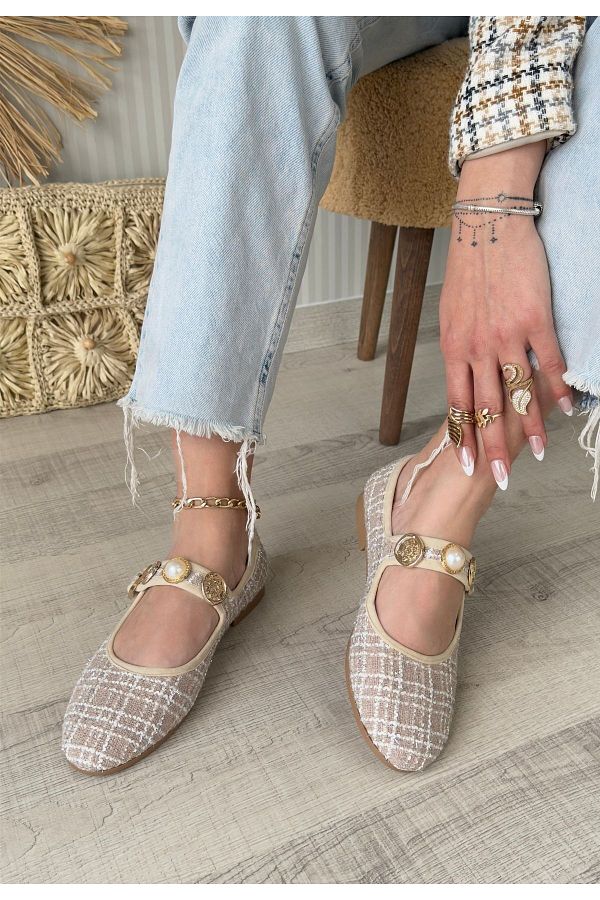 Modafiks-Hante Beige Linen Stone Babet Shoes - Lisinya 1
