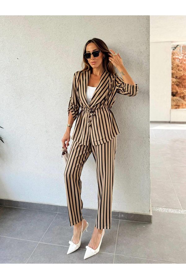 QİMYA BUTİK-4S Women Women's Jacket and Pants Waist Lace-Up Sleeve Fold Double Set 1