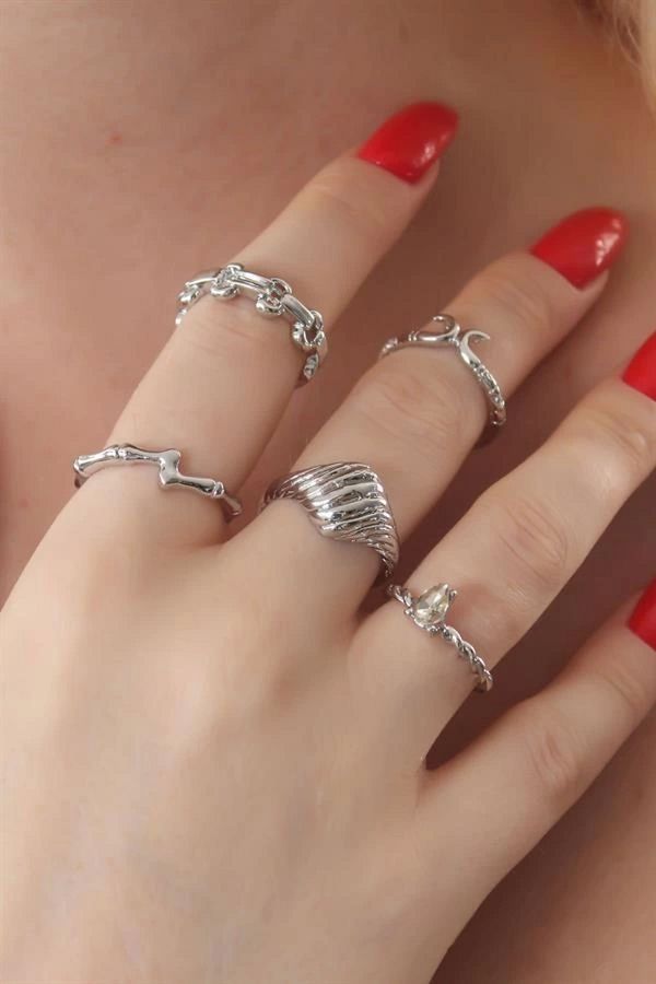 Alisim-Silver Color Spiral Model Zircon Stone Ring Combination 1