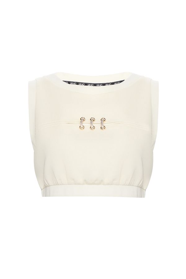 Liu Jo-Women Short Sleeve Crop Boy Round Neck Triple Rope Passing Detail White Blouse Ta5270J4869-10105 1
