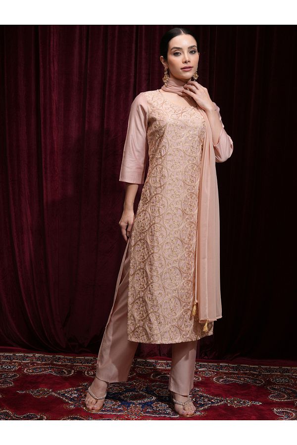 Vishudh By Styli-Women Peach Embroidered Kurta Set 1