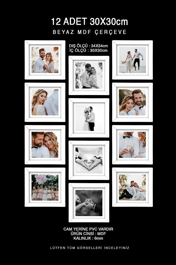 bymat-12 Pieces 30X30 Frame - White Frame - Mdf Square Frame - Multiple Photo Frame Set 1