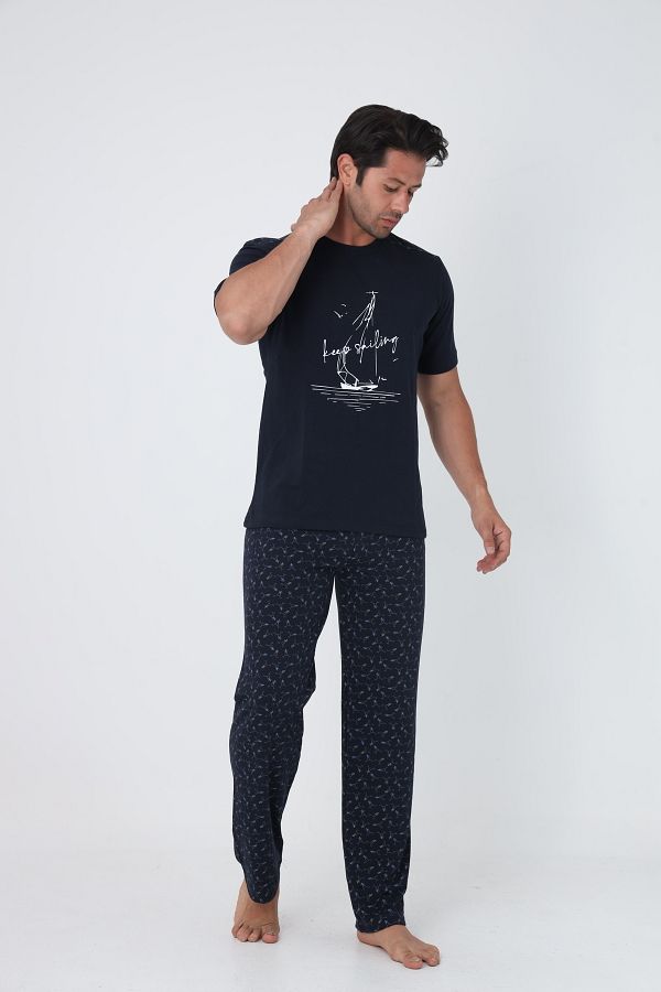 FAMESTEKSTİL-Men's Plaid Summer 100% Cotton Short Sleeve Comfortable Pajama Set 1
