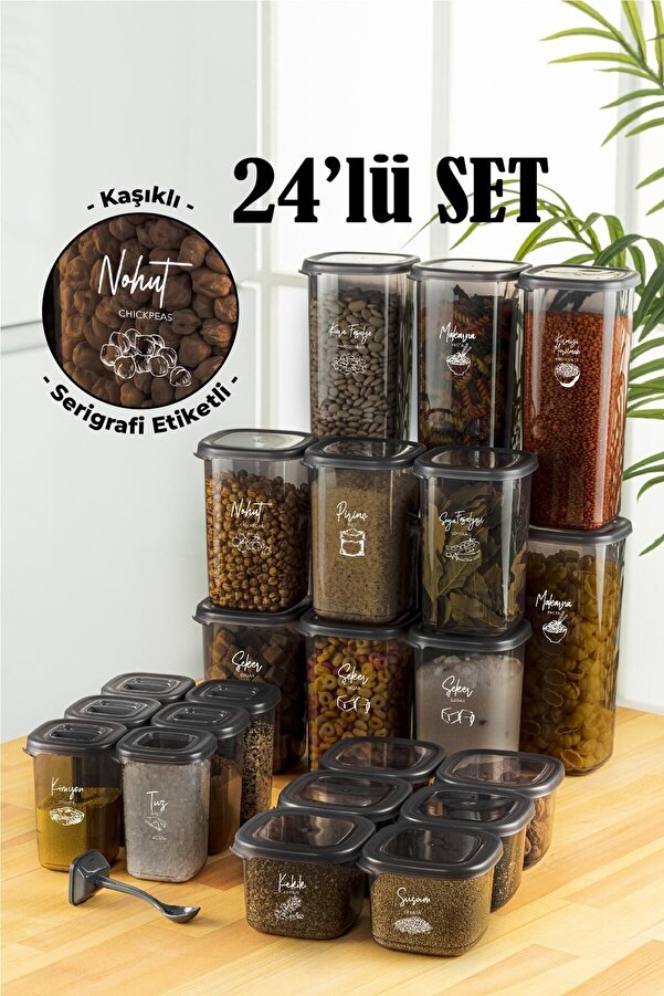 Vienev 24lü Beyaz Serigrafi Etiketli Kaşıklı Peggy Kare Erzak Baharat Full Set 6x(1,75 1,2, 0,55, 0,45) Ant