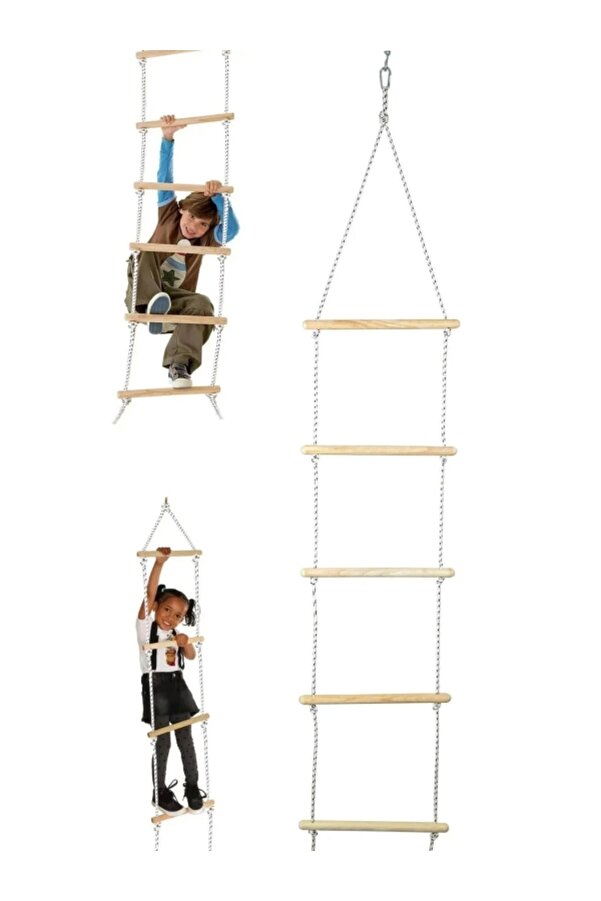 ÇAYLAR AVM Trapez Ahşap Merdiven 8mm İp 100kg Taşır Set Çocuk Tırmanma Jimnastik Gelişim Salıncağı 6 basamak