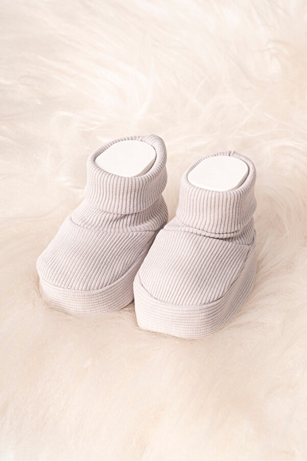 Polpuf Bebek Patik Gri Pamuk Kumaş Bebek Patiği Ev Panduf Yeni Doğan