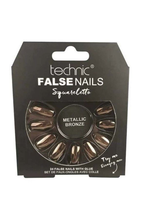 TECHNIC-Set of 24 False Nails, With Glue Included, , False Nails, Squareletto, Metallic Bronze 1