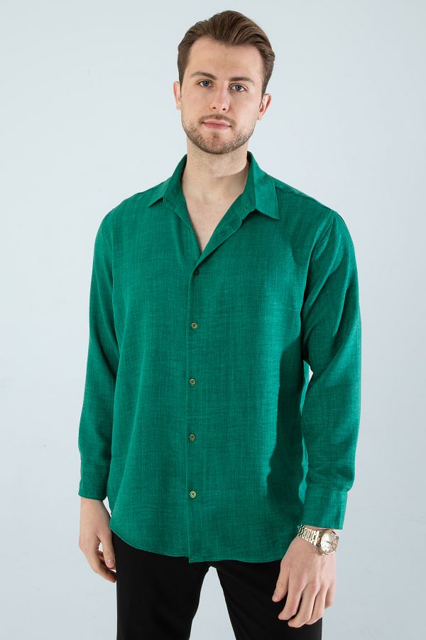 a02teks-Seasonal Linen Textured Loose Fit Long Sleeve Oversize Men's Shirt Green 1