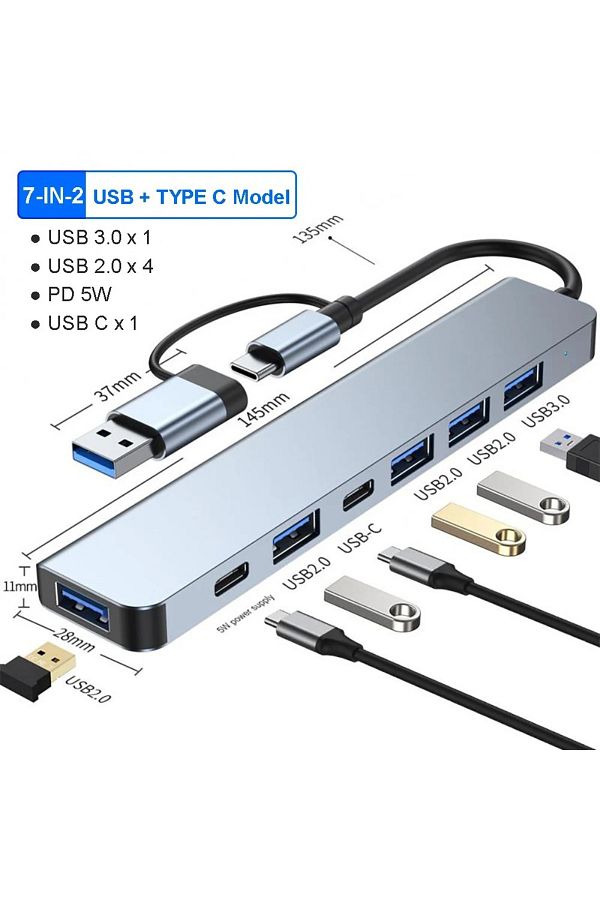 Choice-موزع USB 7 في 2 مع USB C، موزع USB 3.0، موسع USB 7 في 1 من الألومنيوم، موزع USB مع منفذ USB 3.0 واحد 1