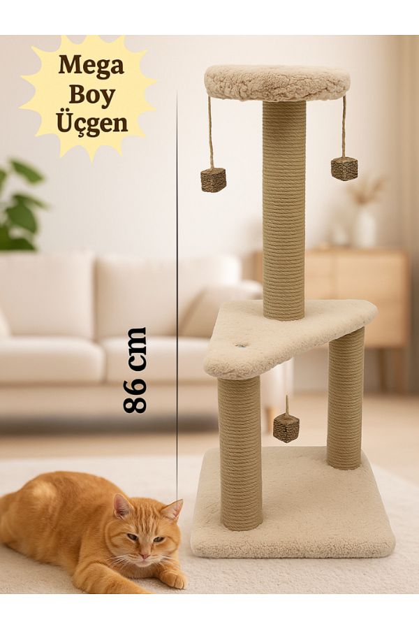 Komano Pontika-Mega Size 86 cm Triangle Cat Scratching Board with Pompom and Design Suitable for Large Cats Wonder Cream 1
