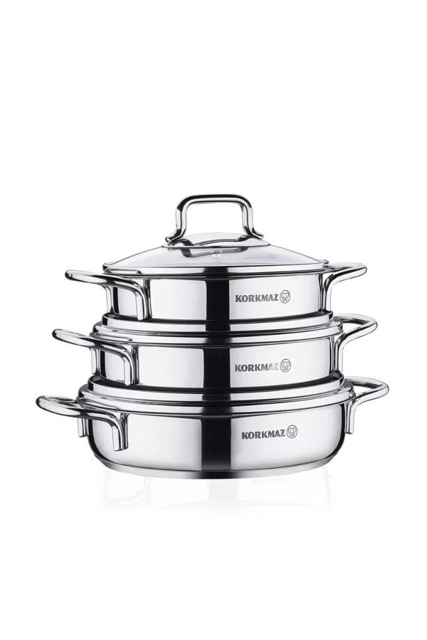 KORKMAZ-Perla Turkish Steel Omelette Set 18/10 with Transparent Lid, 6 Pieces 1