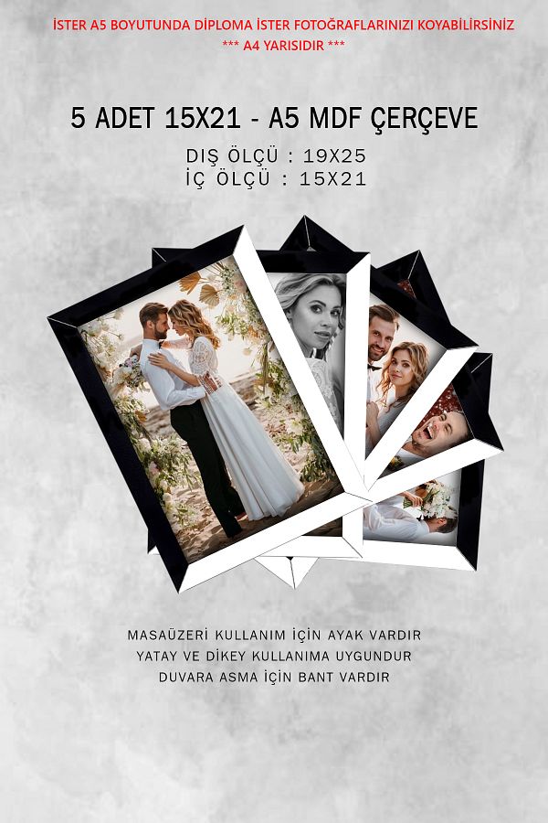 bymat-5 Pieces 15X21 Frame - Photo Frame - A5 Frame - Frame with Mdf Pvc 1